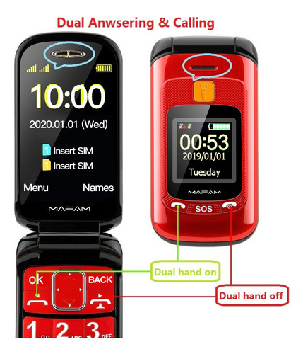Flip Phone Marcación Rápida Botón Sos Modoespera Extra Largo