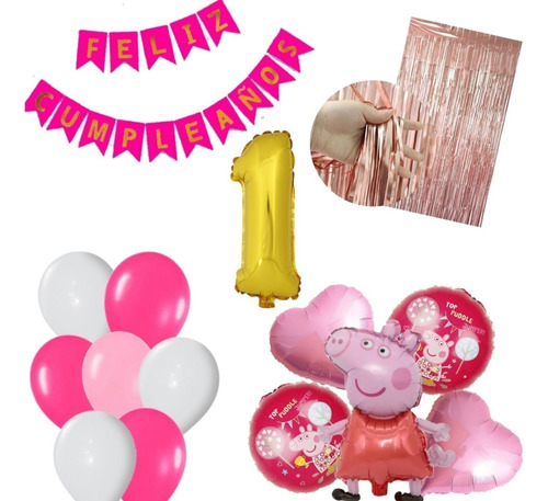 Kit Decoración Peppa Pig Globo 3d 65cm Feliz Cumpleaños 