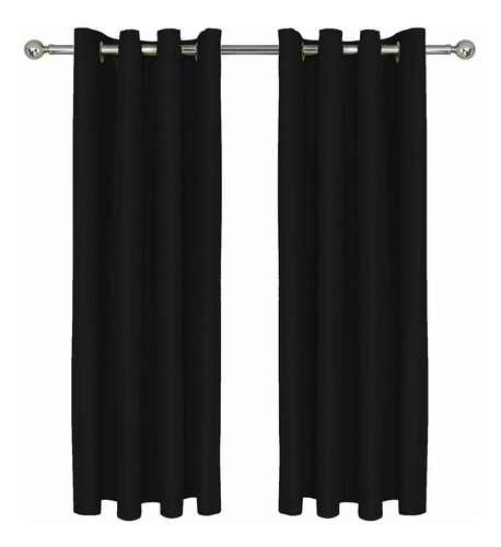 Juego Cortinas Blackout Simil Seda Negro Argollas Haussman