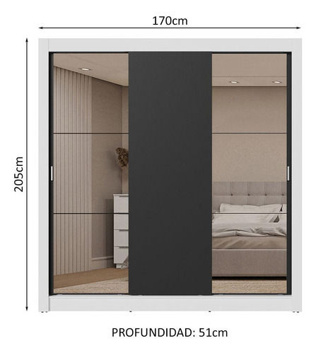 Ropero Closet Madesa 3 Puertas 2 Espejos Bn 01 Color Blanco/Negro