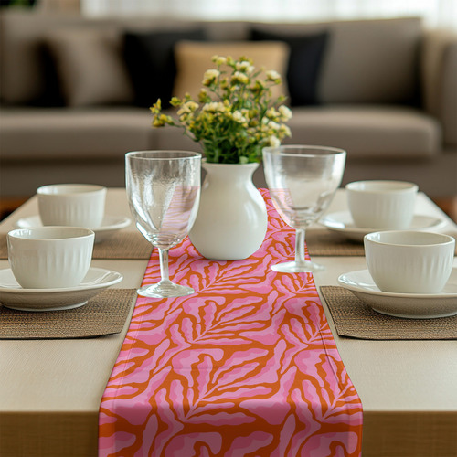 Caminos De Mesa Modernos Botanico Hojas Lino Curri 180x35 Cm Color Lino Curri Blanco Rosa
