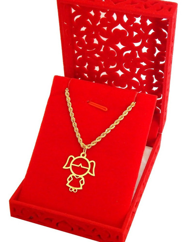 Corrente Colar Cordão Baiano + Pingente Menina Em Ouro 18k