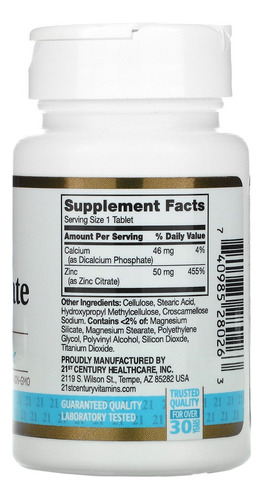 Citrato de zinc del siglo XXI 50 mg 60 tbt Zinc importado