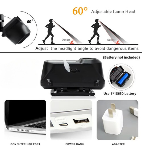 Linterna Frontal Xpe+cob Con Carga Usb Con Batería Integrada