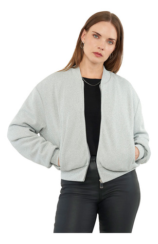 Casaca Mujer Bomber Mujer Brillos Silver Corona