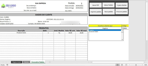 Imagem 3 de 6 de Planilha Para Cadastrar Cliente | Gerar Orçamento Ou Pedido