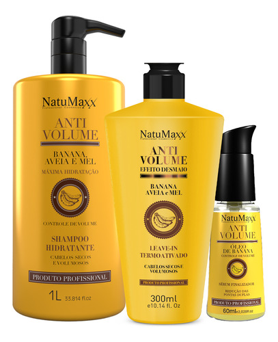 Kit Shampoo 1l + Leave-in + Serum Antivolume Banana Natumaxx