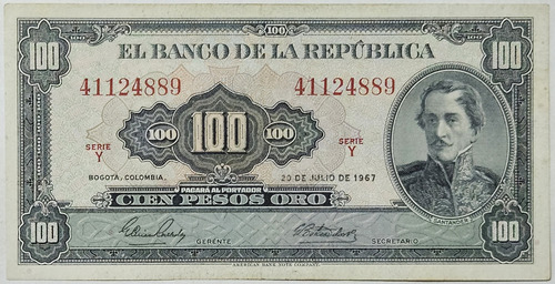 Billete 100 Pesos 20/jul/1967 Colombia Xf