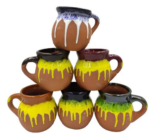 6 Tazas De Barro Jarro Artesanal Engobe 450 Ml Chocolate Te