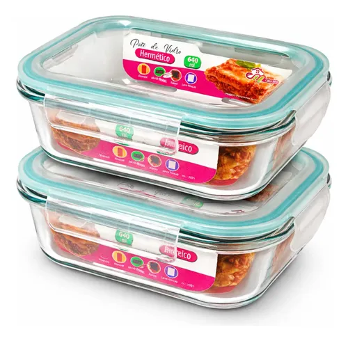 Kit 2 Potes Vidro 640ml Tampa Hermético 4 Travas Vedação Transparente