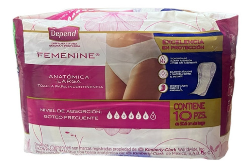 Toalla Femenina Depend Anatomica Larga 30.6cm 10 Pzas