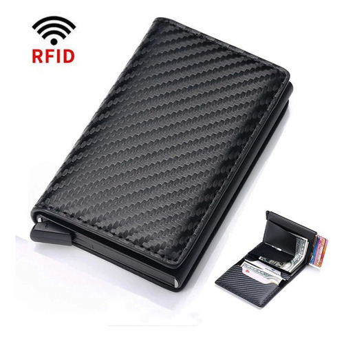 Cartera de cuero RFI automática antirrobo desplegable para hombre, color negro, diseño de tela de poliuretano