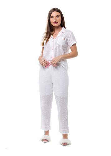 Pijama Bordado Longo Blusa Curta Branco