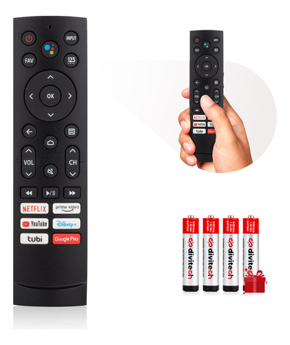 Control Remoto Compatible Con Pantallas Hisense Android Tv Erf3b90h Con Botón De Acceso Rápido Para Netflix YouTube Disney+ Google Play Prime Video Incluye 4 Pilas Divitech® Aaa