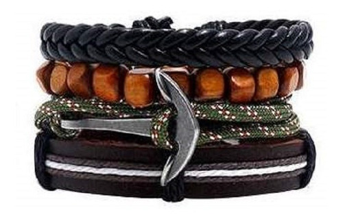 Pulsera Brazalete Cuero Ancla Soga Nautica Militar 4 En 1