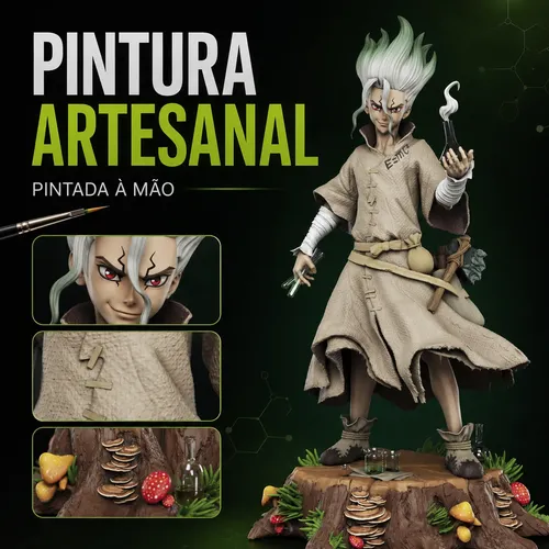 Estátua Senku Dr Stone Resina 17cm Pintada À Mão Com Base