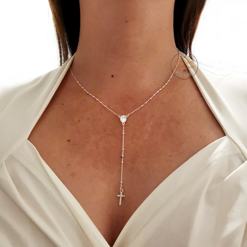 Imagen 2 de 4 de Rosario Mujer 45cm Plata Fina Hipoalergenica 925 Collar Cruz