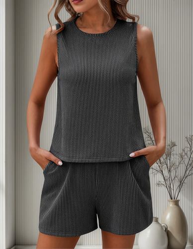 Conjuntos De Pantalones Cortos Sin Mangas Con Cuello Redondo