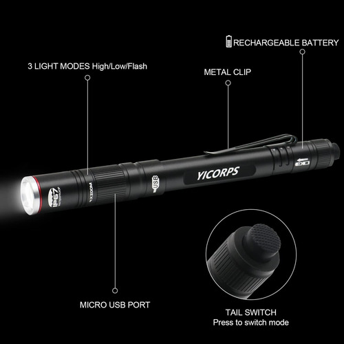 Linterna Luz Bolígrafo Recargable 300lumen 3 Modos Bolsillo