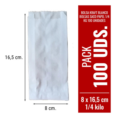 Imagen 1 de 10 de Bolsa Kraft Blanco Bolsas Saco Papel 1/4 Kg 100 Unidades
