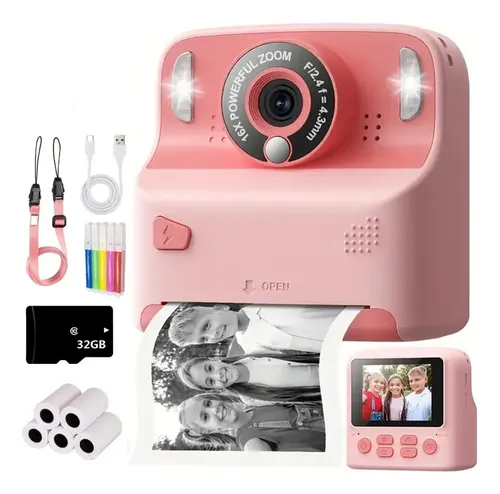Cámara Infantil Instantánea Con Impresión Térmica - Pantalla LED 2.4", 6 Modos, Incluye 4 Rollos De Papel, USB Y Cinta Portátil, Compatible Con Tarjeta TF, Modelo Rosa