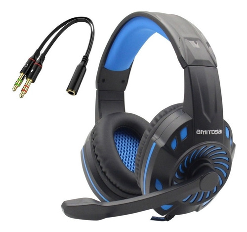 Combo Auricular Gamer Mts-floss + Adaptador De Audio 2 En 1 Color Azul