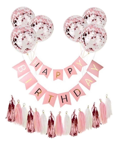 Kit De Cumpleanos Globos Confetti Banderin Rosa Decoracion 