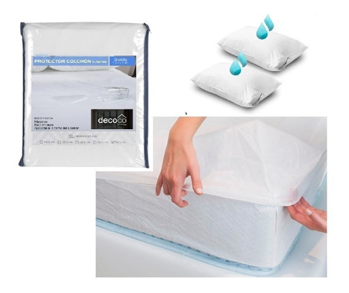 Forro Protector Plástico + 2 Fundas Colchón Cama Doble 1.40