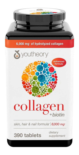 Colágeno Hidrolizado Más Biotin. Youtheory, 390 Tabletas.