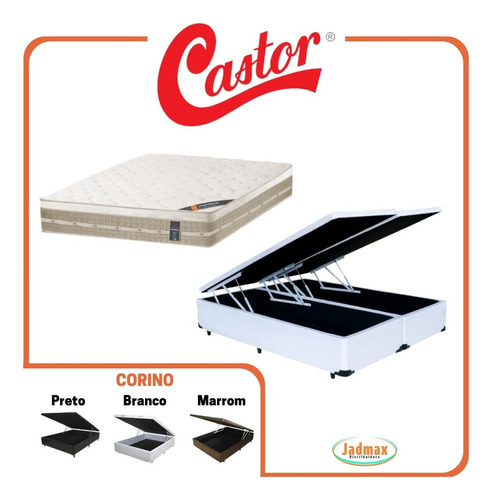 Colchão Castor Queen Molas Firme + Cama Box Baú 158x198 Cor Corino Branco