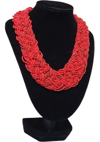 Collar Mostacilla Rojo Dorado Mujer Trenza Accesorios Moda