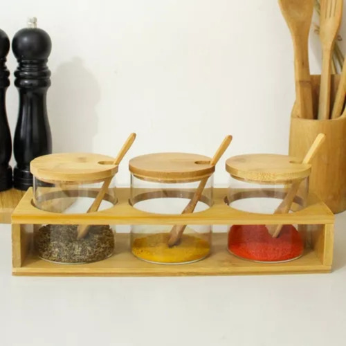 Kit 3 Porta Temperos 300ml De Vidro Com Tampa, Colher E Base Decorativa De Bambu
