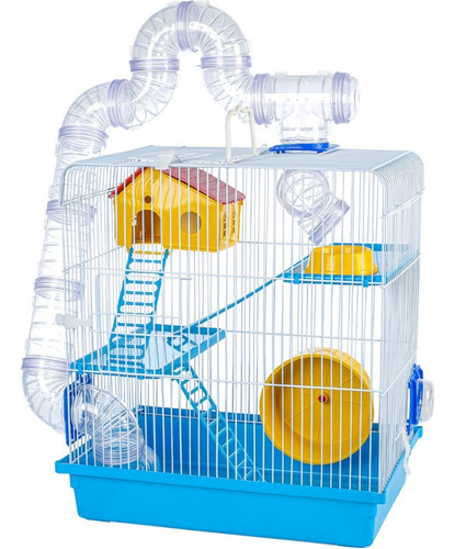 Gaiola Hamster Grande Completa 3 Andares Casa Com Tubos Cor Azul