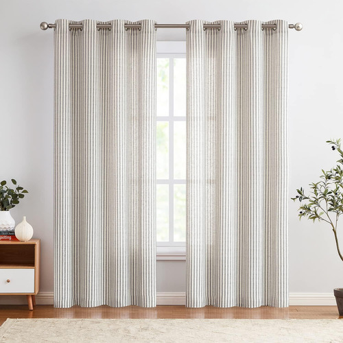Cortinas De Lino Con Rayas Grises Y Beige, 213 Cm De Largo