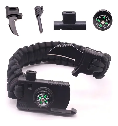 comprar Pulseira Paracord Sobrevivência Militar Pederneira Bussola Cor Preto