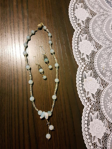 Conjunto Brincos E Colar Pedras Opalina E Cristais