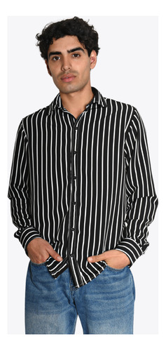 Camisa M.l Negra Rayas Blancas Slim Fit Moller