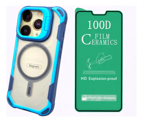 Funda Para Iphone 16 Pro Max Incluye Protector De Pantalla Azul Acero Bracket Case