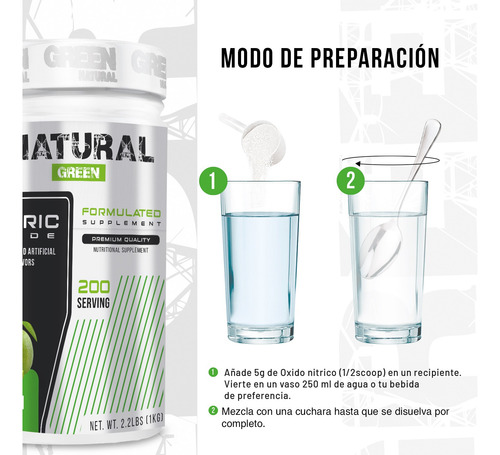 Óxido Nítrico 1kg Green Pre Entreno 200 Servicios Limón