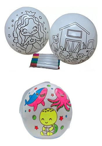 12 Pelotas Plástico Para Colorear C/diseño + 5 Plumones 8.5 