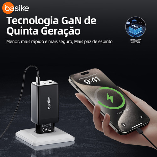 Carregador Turbo 65w Tipo-C e USB Para Samsung iPhone Motorola Cor Preto