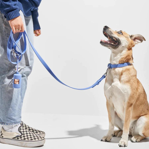 Juego De Collar Y Correa Para Perros Con Porta Bolsas Azul Xs