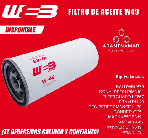 Filtro De Aceite Web Motores Mack W-49/ 51791 / B76