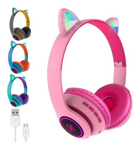 Auriculares Oreja De Gato Gamer Bluetooth Neko Luz Led Usb Color Rosa