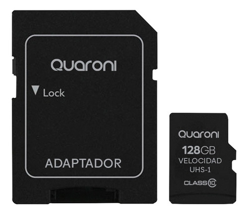 Tarjeta De Memoria Micro SD Quaroni Capacidad 128gb Clase 10 con Adaptador Reproducción de Video Full HD Resistente a Golpes Agua y Cambios de Temperatura en Color Negro Modelo QM128G