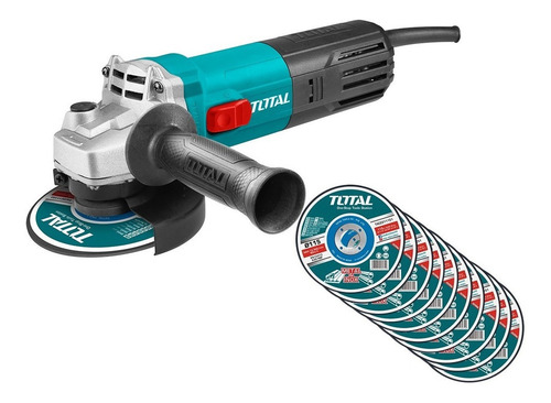 Imagen 4 de 10 de Amoladora Angular Total 750w Con 10 Discos De Corte 115