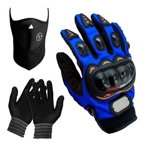 Cuello Mascara Neoprene + 1era Piel + Guantes Pro Biker Fas! Color Azul Diseño De La Tela Liso Talle M