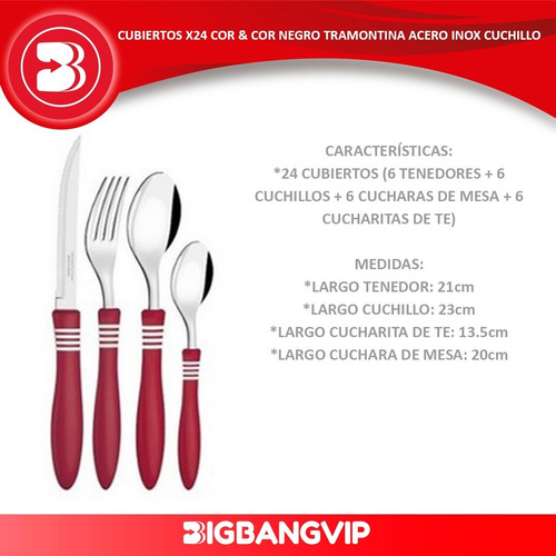 Imagen 2 de 6 de Cubiertos X24 Cor & Cor Negro Tramontina Acero Inox Cuchillo