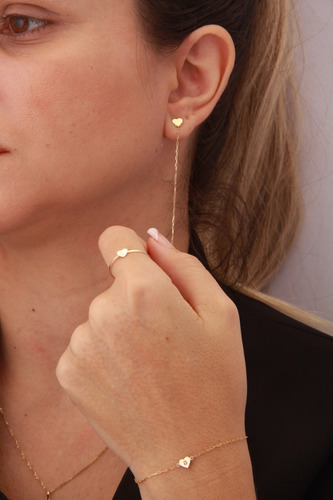 Conjunto Pulseira E Brinco Coração 5mm Em Ouro 10k