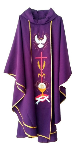 Imagen 1 de 3 de Casulla Litúrgica Morada En Lino Bordada Motivo Litúrgico